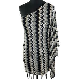 TBags Los Angeles Beige Black Chevron One Shoulder Fringe Dress Coverup XS